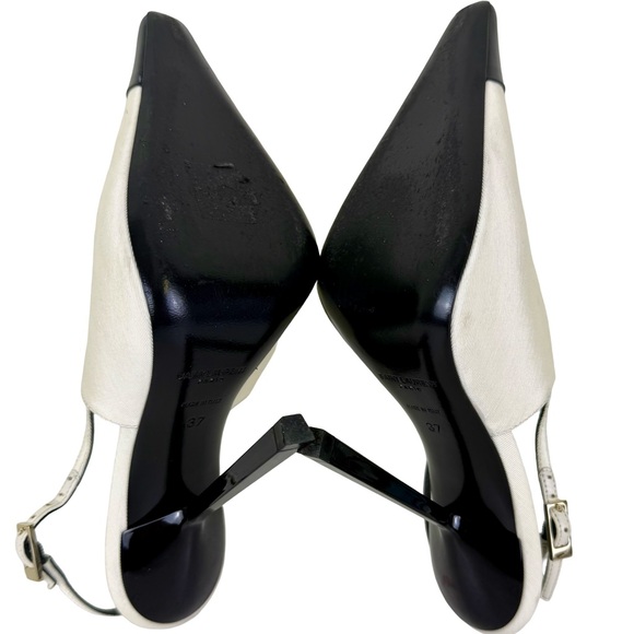 SAINT LAURENT INES SLINGBACK PUMPS IN WHITE SATIN AND BLACK LEATHER - Picture 6 of 7
